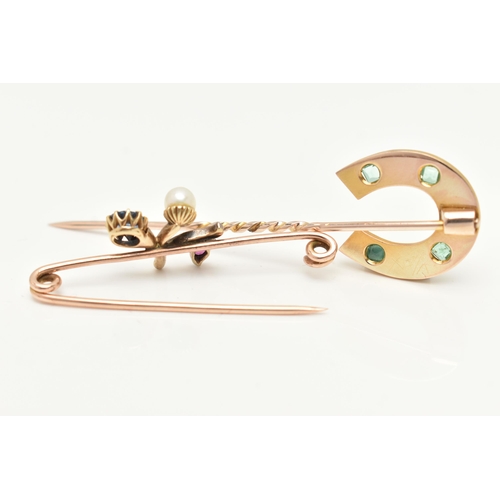 24 - A YELLOW METAL EMERALD AND DIAMOND STICK PIN WITH A YELLOW METAL GEM SET BROOCH, the stick pin desig... 