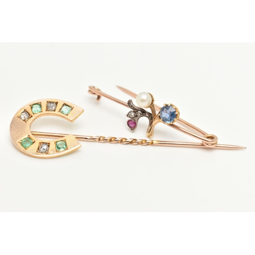 24 - A YELLOW METAL EMERALD AND DIAMOND STICK PIN WITH A YELLOW METAL GEM SET BROOCH, the stick pin desig... 