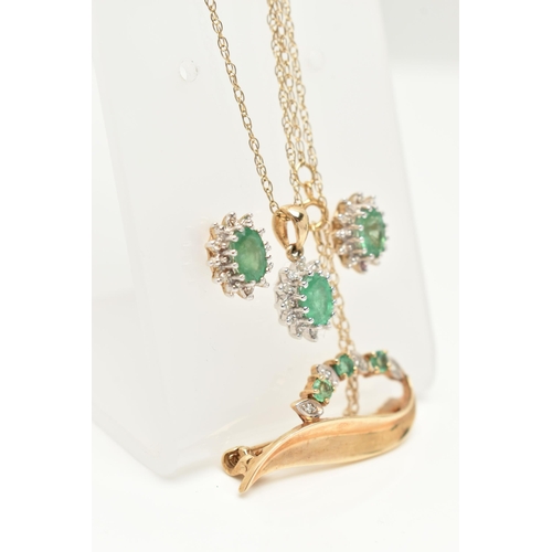 25 - A SELECTION OF YELLOW METAL EMERALD AND DIAMOND SET JEWELLERY, to include an oval cluster pendant se... 