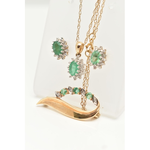 25 - A SELECTION OF YELLOW METAL EMERALD AND DIAMOND SET JEWELLERY, to include an oval cluster pendant se... 