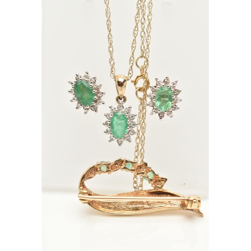 25 - A SELECTION OF YELLOW METAL EMERALD AND DIAMOND SET JEWELLERY, to include an oval cluster pendant se... 