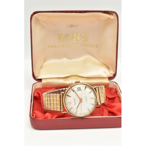 28 - A GENTS 9CT GOLD 'RONE' WRISTWATCH, manual wind, round silver dial signed 'Rone incabloc 17 Jewels',... 