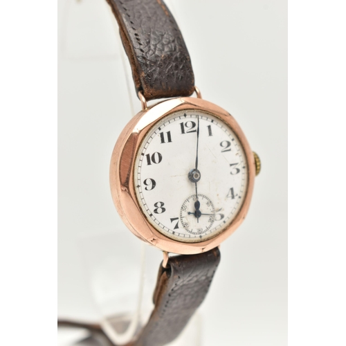 29 - AN EARLY 20TH CENTURY 9CT ROSE GOLD WRISTWATCH, manual wind, round white dial, Arabic numerals, subs... 