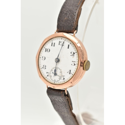 29 - AN EARLY 20TH CENTURY 9CT ROSE GOLD WRISTWATCH, manual wind, round white dial, Arabic numerals, subs... 