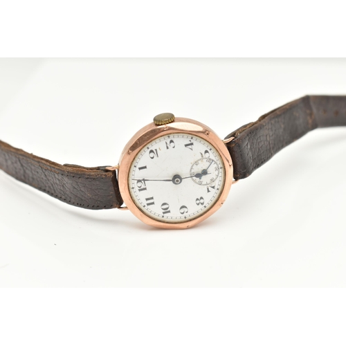 29 - AN EARLY 20TH CENTURY 9CT ROSE GOLD WRISTWATCH, manual wind, round white dial, Arabic numerals, subs... 