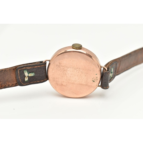 29 - AN EARLY 20TH CENTURY 9CT ROSE GOLD WRISTWATCH, manual wind, round white dial, Arabic numerals, subs... 