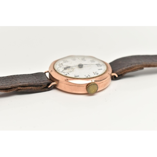 29 - AN EARLY 20TH CENTURY 9CT ROSE GOLD WRISTWATCH, manual wind, round white dial, Arabic numerals, subs... 