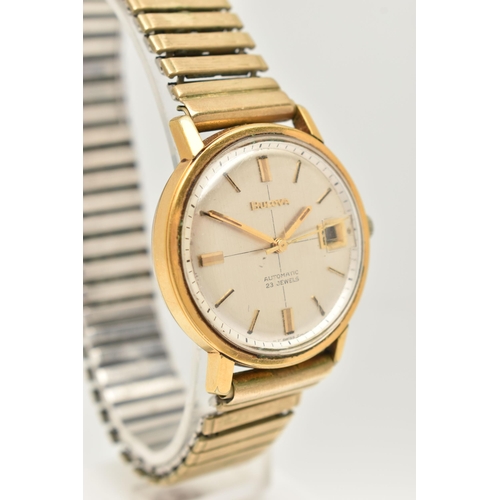 31 - A GENTS GOLD PLATED 'BULOVA' WRISTWATCH, automatic movement, round silver dial signed 'Bulova, Autom... 