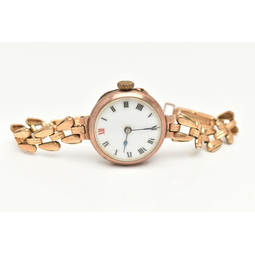 33 - A 9CT GOLD LADIES WRISTWATCH, hand wound movement, round white dial, Roman numerals, rose gold case,... 