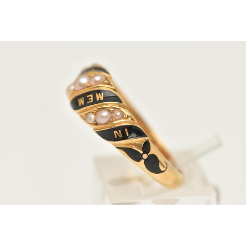 37 - A MID VICTORIAN 'IN MEMORY OF' ENAMEL AND SPLIT PEARL 18CT GOLD RING, graduating dome of black ename... 