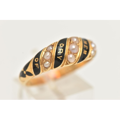 37 - A MID VICTORIAN 'IN MEMORY OF' ENAMEL AND SPLIT PEARL 18CT GOLD RING, graduating dome of black ename... 