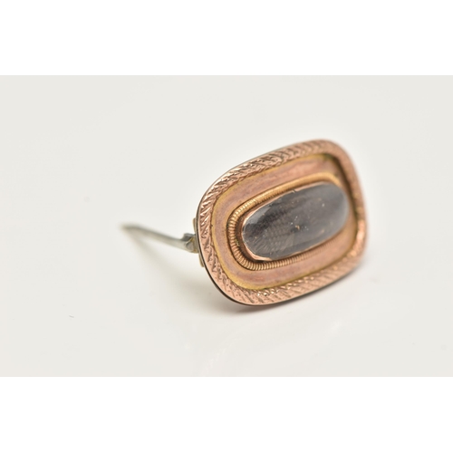 39 - A ROSE METAL GEORGIAN WOVEN HAIR BROOCH, of a curved rectangular form, set with woven brown hair ben... 