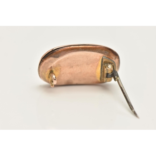 39 - A ROSE METAL GEORGIAN WOVEN HAIR BROOCH, of a curved rectangular form, set with woven brown hair ben... 