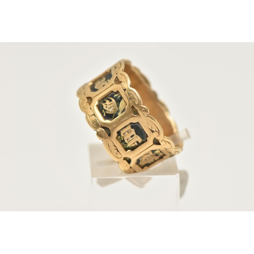 40 - AN 18CT GOLD, EARLY VICTORIAN ENAMEL 'IN MEMORY OF' MEMORIAL RING, wide band with sections of black ... 