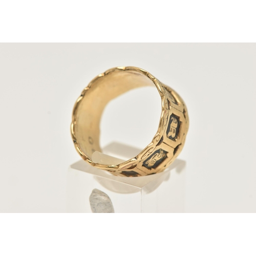 40 - AN 18CT GOLD, EARLY VICTORIAN ENAMEL 'IN MEMORY OF' MEMORIAL RING, wide band with sections of black ... 