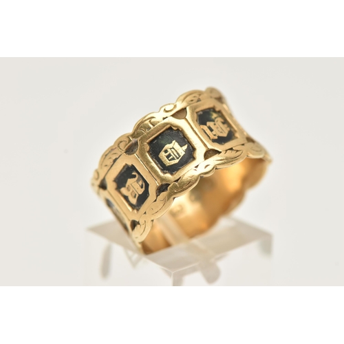 40 - AN 18CT GOLD, EARLY VICTORIAN ENAMEL 'IN MEMORY OF' MEMORIAL RING, wide band with sections of black ... 