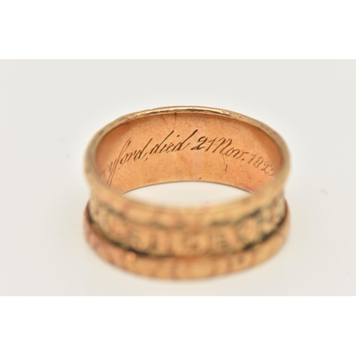 41 - AN 18CT GOLD GEORGE IV ENAMEL 'IN MEMORY OF' MEMORIAL RING, wide band approximate band width 7.9mm, ... 