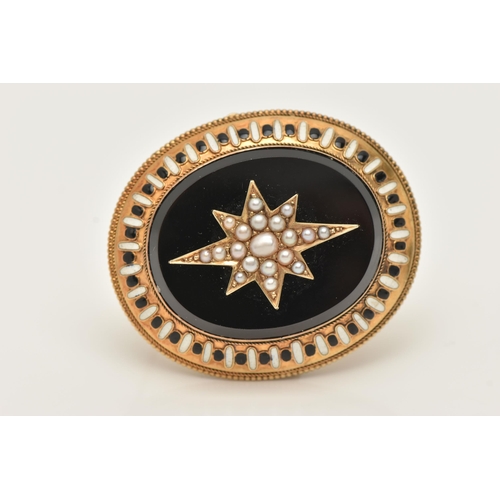 42 - A YELLOW METAL ONYX, SPLIT PEARL AND ENAMEL MEMORIAL BROOCH, of an oval form set with a central onyx... 