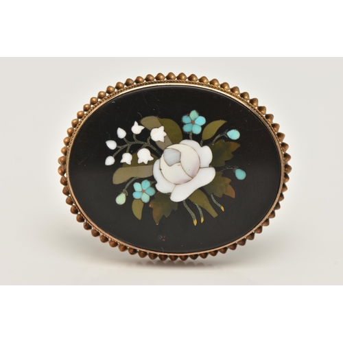 43 - A PIETRA DURA BROOCH, of an oval form depicting flowers, collet set with a rope twist surround, fitt... 