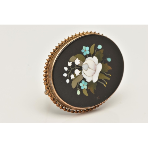 43 - A PIETRA DURA BROOCH, of an oval form depicting flowers, collet set with a rope twist surround, fitt... 