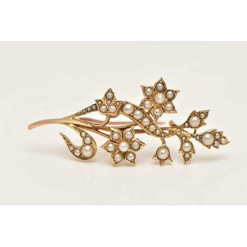 44 - A YELLOW METAL CULTURED PEARL SET BROOCH, of a floral design, set with small seed and split pearls, ... 