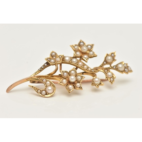 44 - A YELLOW METAL CULTURED PEARL SET BROOCH, of a floral design, set with small seed and split pearls, ... 