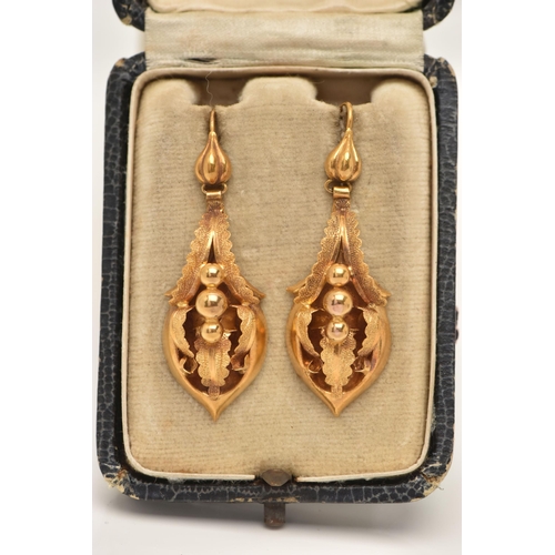 46 - A PAIR OF VICTORIAN ETRUSCAN DROP EARRINGS, yellow metal drops with foliate and beaded detail, fitte... 