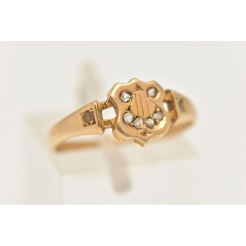 52 - A LATE VICTORIAN 18CT GOLD DIAMOND RING, designed as a shield shape signet with a rose cut diamond s... 