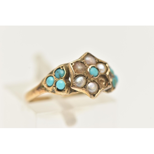 53 - A 9CT GOLD SPLIT PEARL AND TURQUIOSE MEMORIAL RING, AF in the form of a flower set with a central sm... 