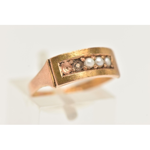 54 - A LATE 19TH CENTURY YELLOW METAL SPLIT PEARL RING, AF set with a row of three split pearls (two pear... 