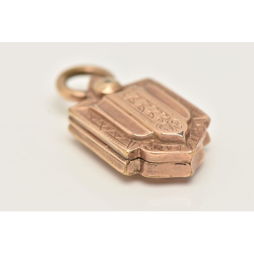 58 - A LATE 19TH CENTURY/EARLY 20TH CENTURY ROSE GOLD PLATED LOCKET, of a shield shape decorated with an ... 