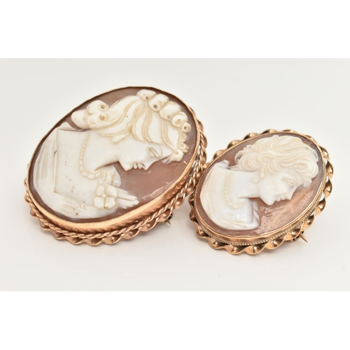 6 - TWO CAMEO BROOCHES, to include a 9ct gold carved shell cameo depicting a lady in profile, collet set... 