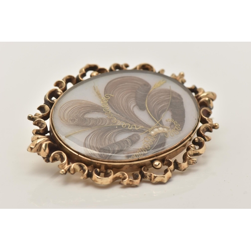 62 - A LARGE YELLOW METAL HAIR WORK BROOCH, of an oval form, inlayed with brown hair work detailed with y... 