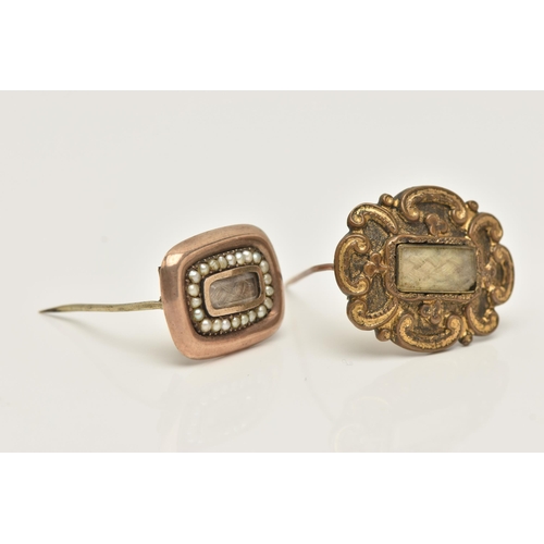 63 - TWO 19TH CENTURY BROOCHES, the first a yellow metal rectangular form brooch, central panel to the fr... 