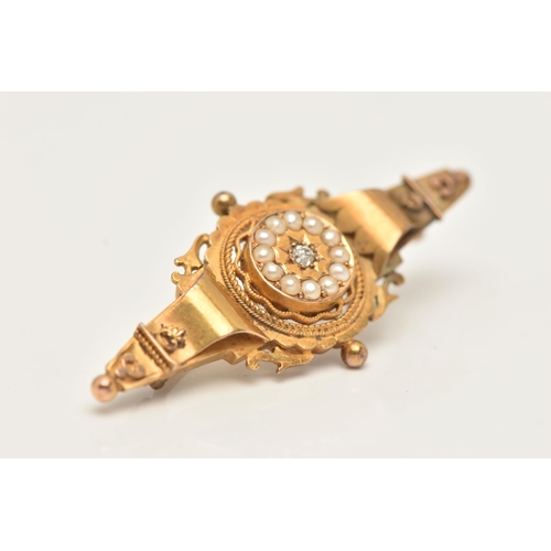 69 - A LATE 19TH CENTURY ETRUSCAN BROOCH, designed as a centrally set old cut diamond in a star setting w... 