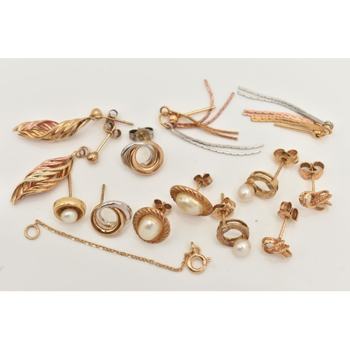 7 - A SMALL ASSORTMENT OF YELLOW METAL EARRINGS, to include a pair of circular studs set with a cultured... 