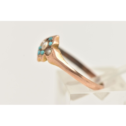 70 - A 12CT TURQUOISE AND SEED PEARL RING, a rose gold cluster ring, set with three split seed pearls and... 