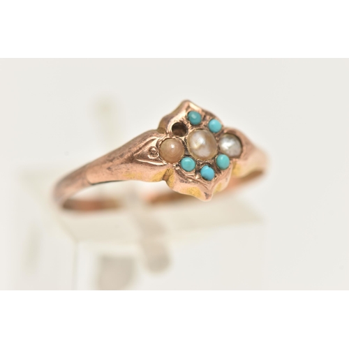 70 - A 12CT TURQUOISE AND SEED PEARL RING, a rose gold cluster ring, set with three split seed pearls and... 