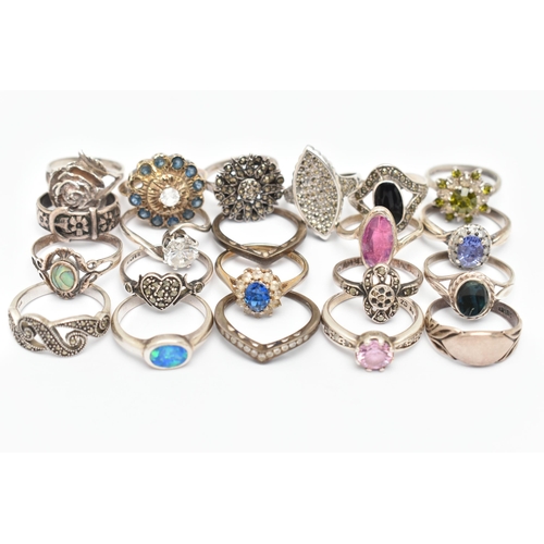 100 - ASSORTED WHITE METAL RINGS, various designs, some set with semi-precious gemstones or paste, eight s... 