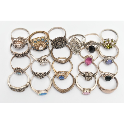 100 - ASSORTED WHITE METAL RINGS, various designs, some set with semi-precious gemstones or paste, eight s... 