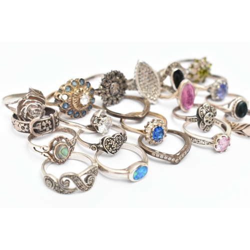 100 - ASSORTED WHITE METAL RINGS, various designs, some set with semi-precious gemstones or paste, eight s... 