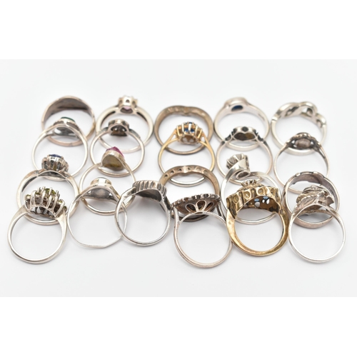 100 - ASSORTED WHITE METAL RINGS, various designs, some set with semi-precious gemstones or paste, eight s... 