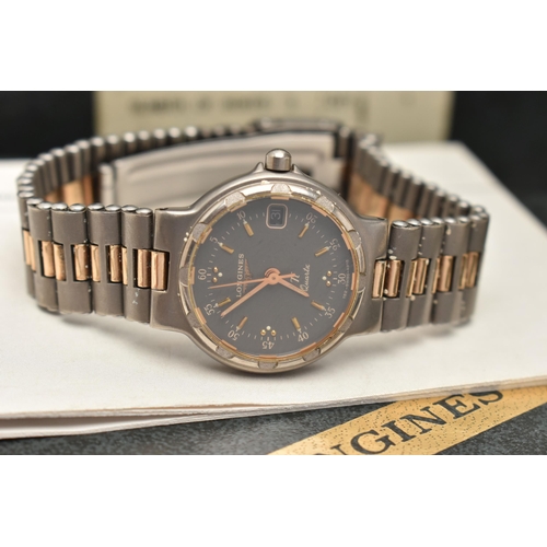 102 - A LADIES OMEGA AND LONGINES WRISTWATCH, a quartz movement, round champagne tone dial signed 'Omega' ... 