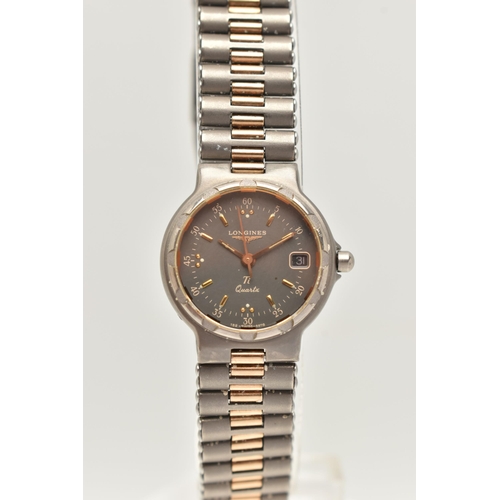 102 - A LADIES OMEGA AND LONGINES WRISTWATCH, a quartz movement, round champagne tone dial signed 'Omega' ... 