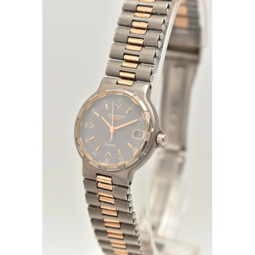 102 - A LADIES OMEGA AND LONGINES WRISTWATCH, a quartz movement, round champagne tone dial signed 'Omega' ... 