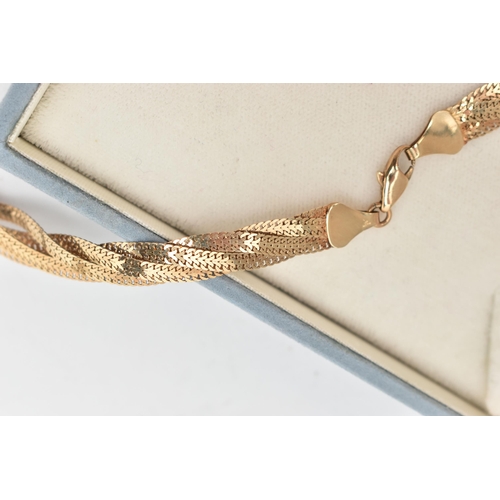 103 - A CASED 9CT GOLD FLAT WOVEN CHAIN, fitted with a lobster clasp, hallmarked 9ct Birmingham import, le... 