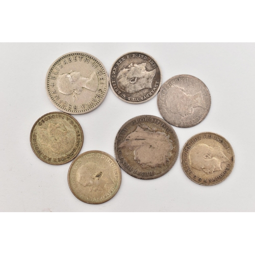 106 - A SMALL ASSORTMENT OF COINS, to include a very worn Victoria Maundy Three pence, an Edward VII 1902 ... 