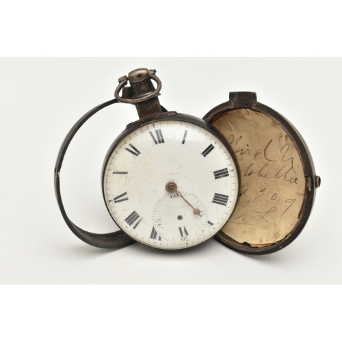 108 - A GEORGE III OPEN FACE POCKET WATCH AND PAIRING CASE, key wound movement, round white dial, Roman nu... 