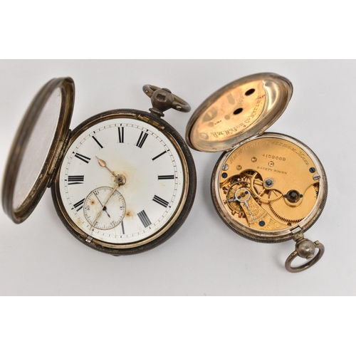 109 - TWO SILVER OPEN FACE POCKET WATCHES, key wound movement, round white dial, Roman numerals, second su... 