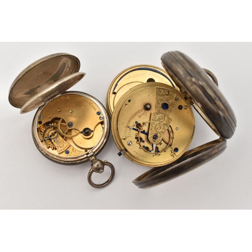 109 - TWO SILVER OPEN FACE POCKET WATCHES, key wound movement, round white dial, Roman numerals, second su... 